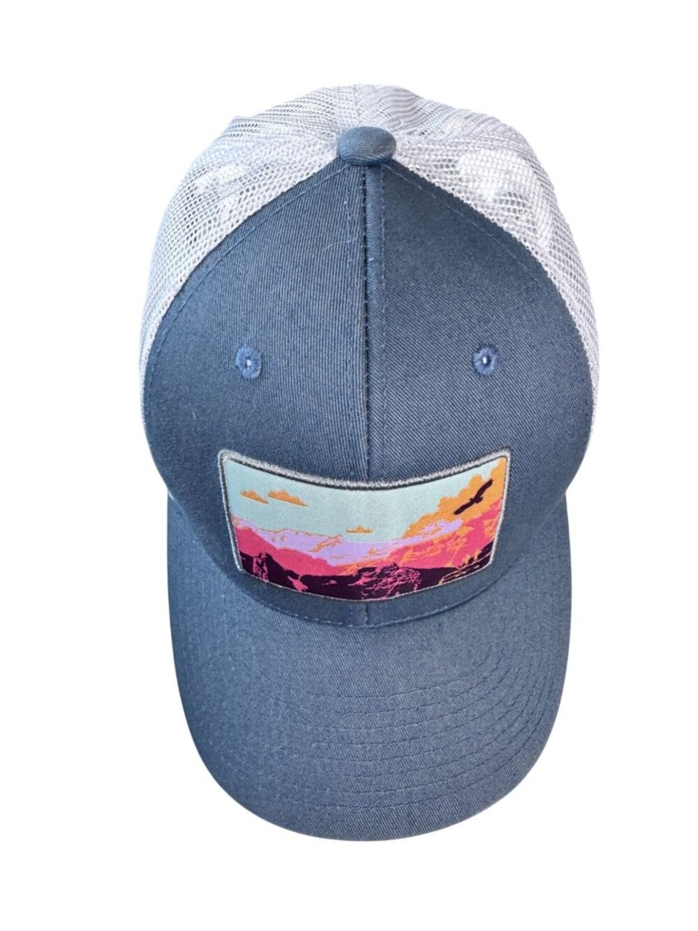 Kbethos Vintage Blue Trucker Hat Embroidered Sunset Mountain Patch Adjustable - Picture 2 of 10